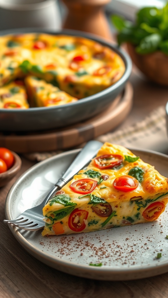 A slice of vegetable and cheese frittata with colorful veggies and herbs on a rustic plate.